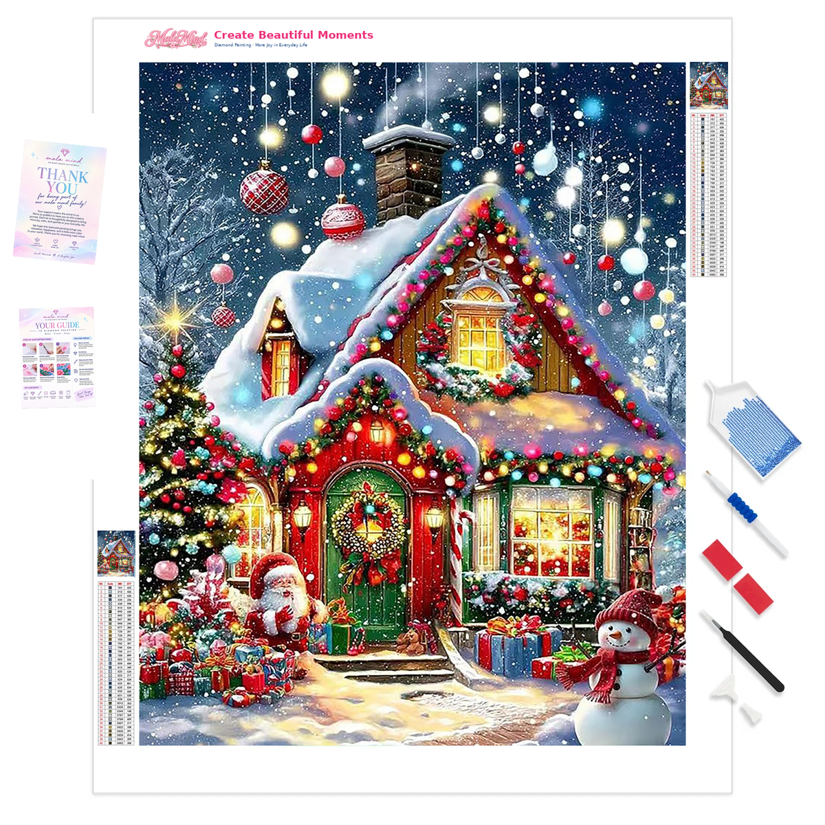 MalaMind Gallery V3 | 01 Product Clarity | CH-260922-003 | Snow-covered Christmas cottage glowing beneath a starry sky with Santa, snowman, presents, and ornaments