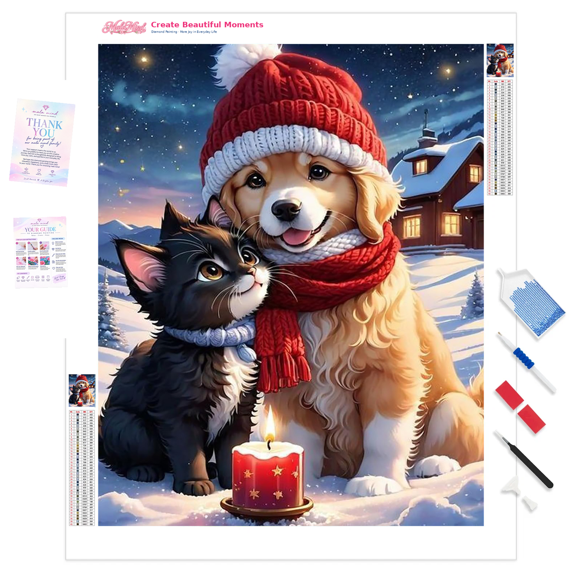 MalaMind Gallery V3 | 01 Product Clarity | AN-260921-080 | Golden puppy and black-and-white kitten cuddle beside a candle in a snowy Christmas village.
