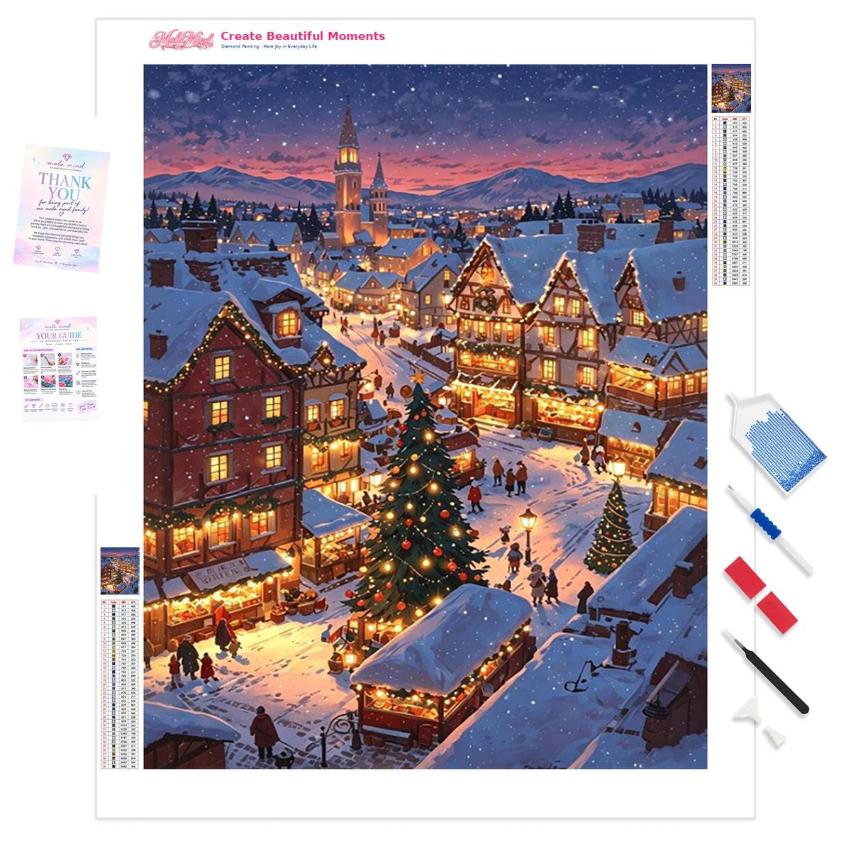 MalaMind Gallery V3 | 01 Product Clarity | CH-260922-008 | Snowy alpine Christmas village with glowing market stalls, decorated trees, church towers, and mountains at twilight