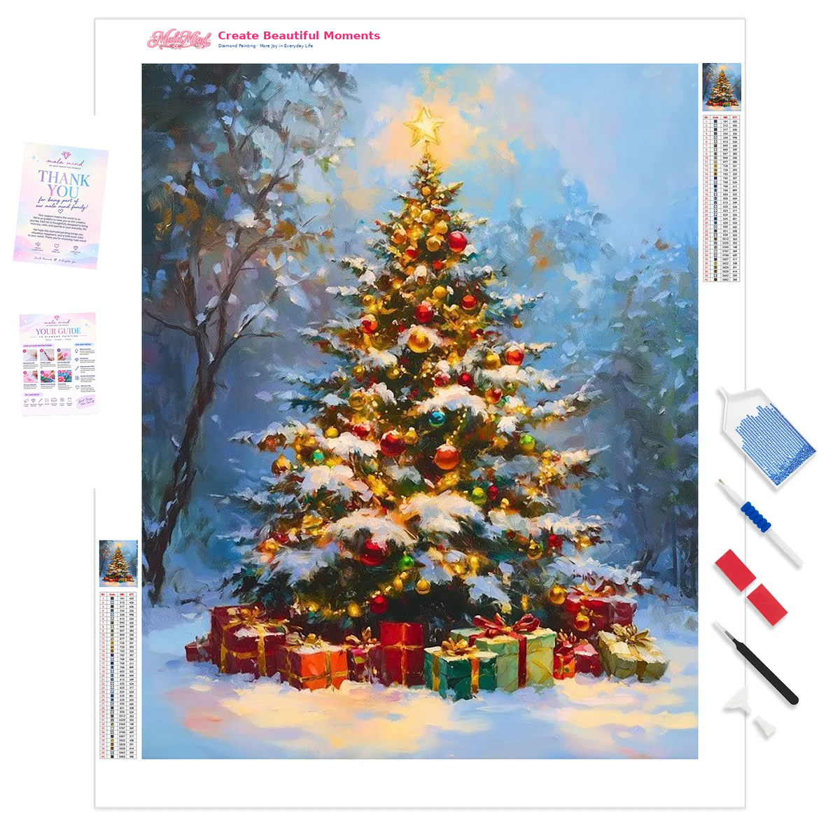 Painterly Christmas tree with a glowing star, colorful ornaments, snow, and wrapped presents in a woodland setting