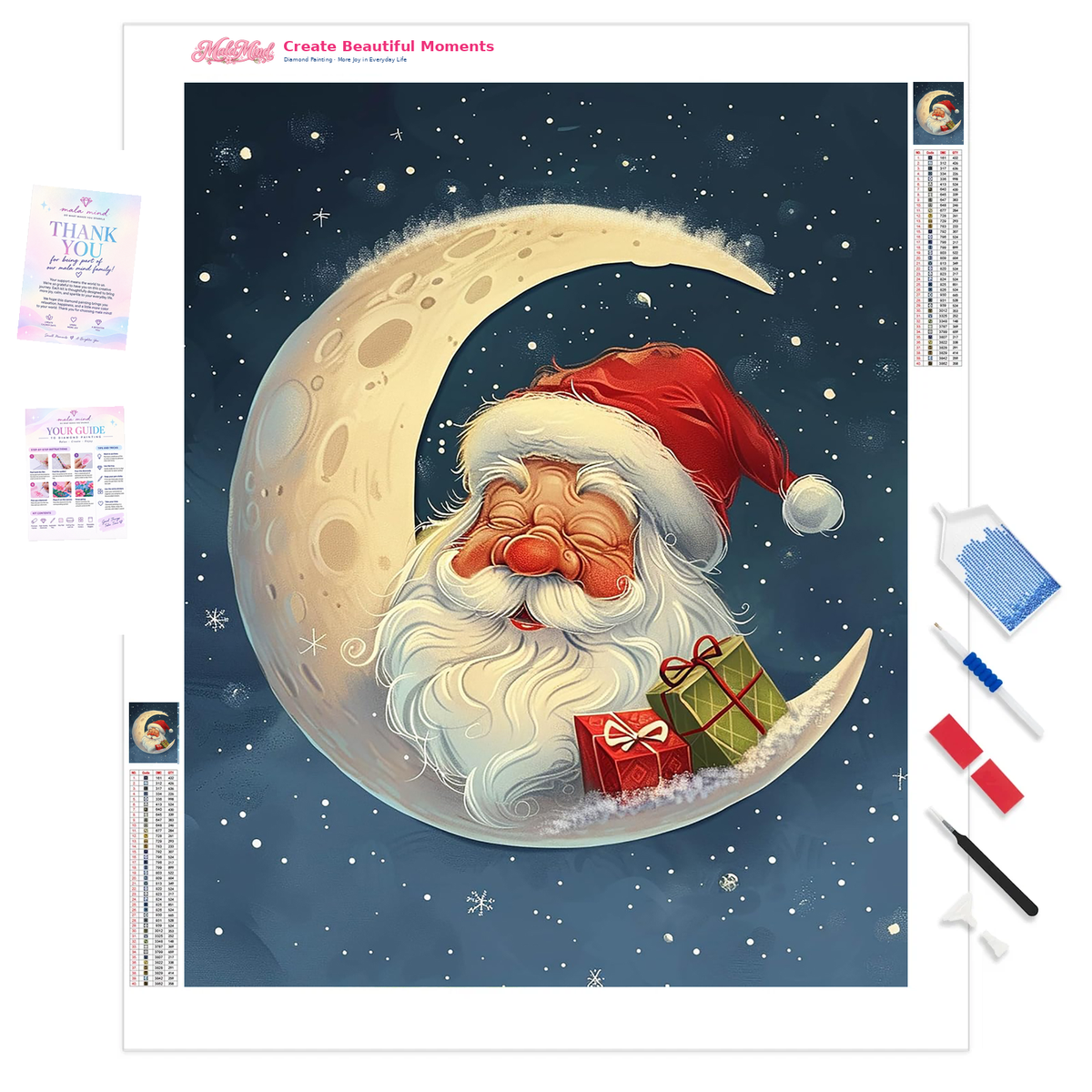 MalaMind Gallery V3 | 01 Product Clarity | CH-260921-057 | Smiling Santa sits inside a golden crescent moon with presents beneath a starry navy sky.