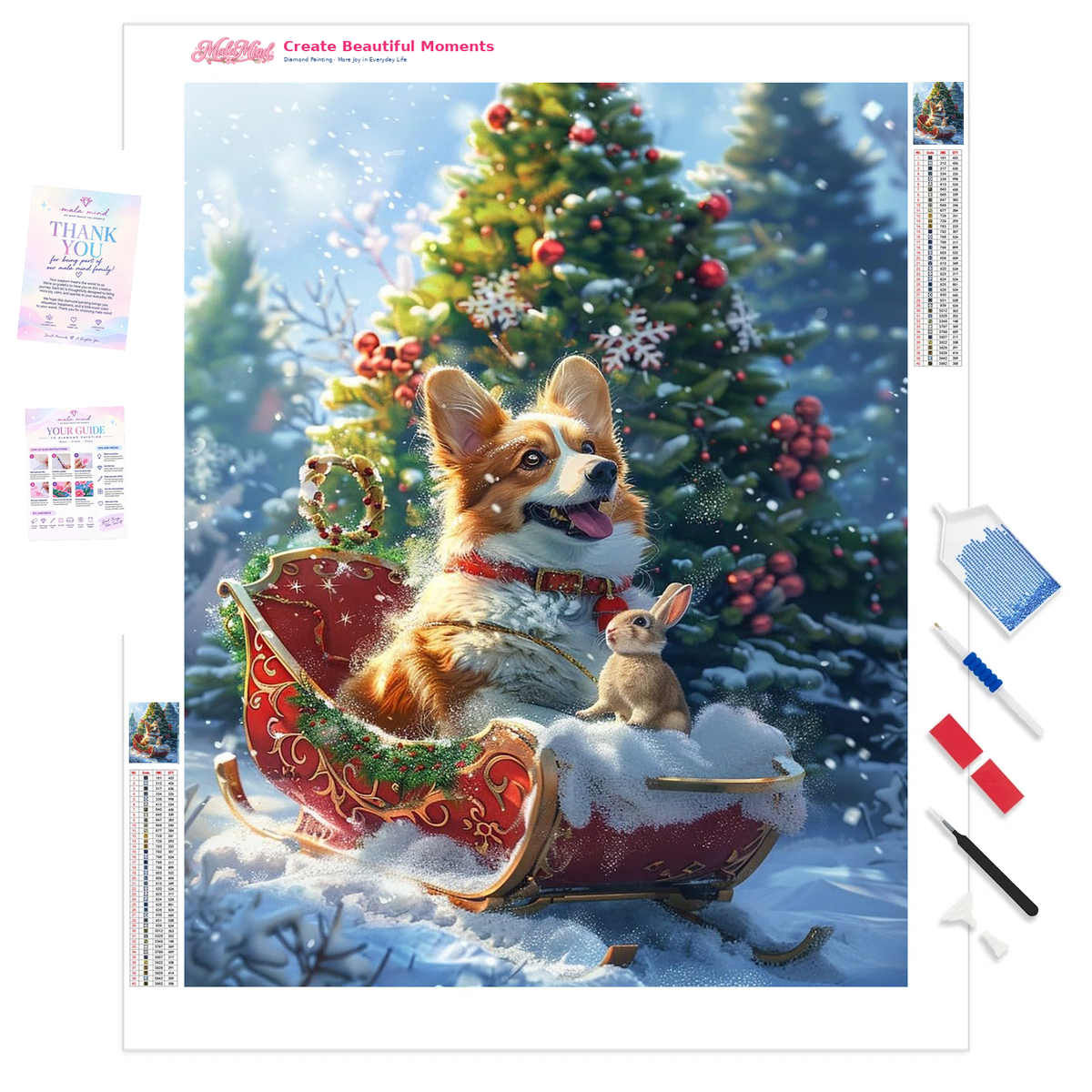 Corgi and rabbit riding in a red Christmas sleigh through a snowy evergreen forest