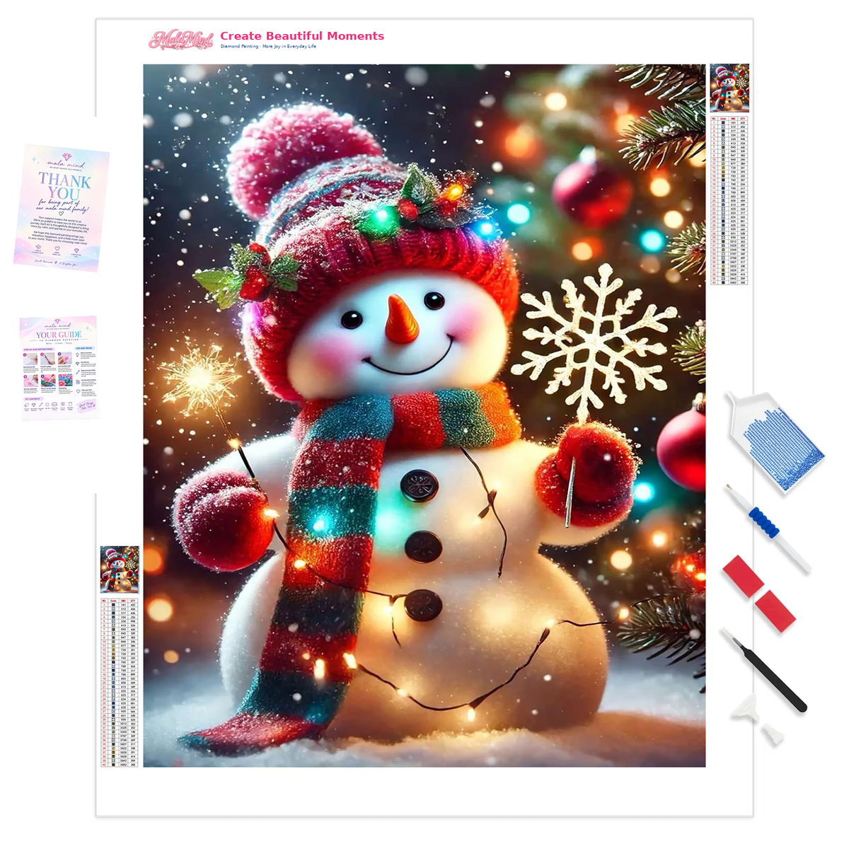 MalaMind Gallery V3 | 01 Product Clarity | CH-260921-081 | Smiling snowman in a red hat and striped scarf surrounded by lights, snowflakes, ornaments, and evergreen branches
