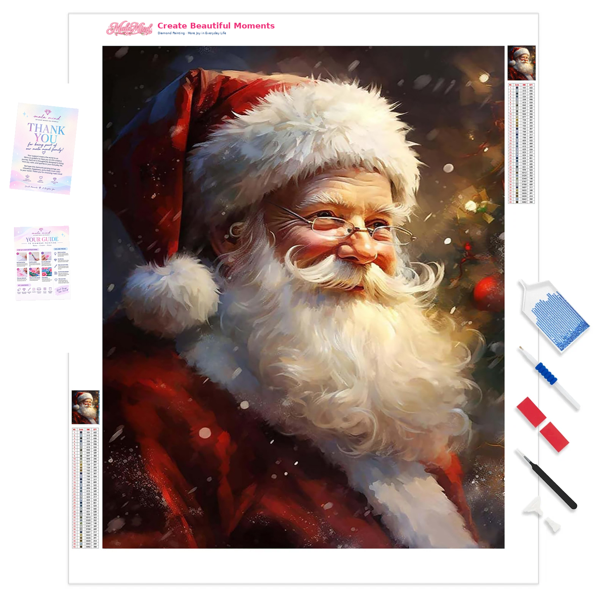 Painterly close-up of smiling Santa Claus with glasses, white beard, red hat, falling snow, and glowing holiday lights.