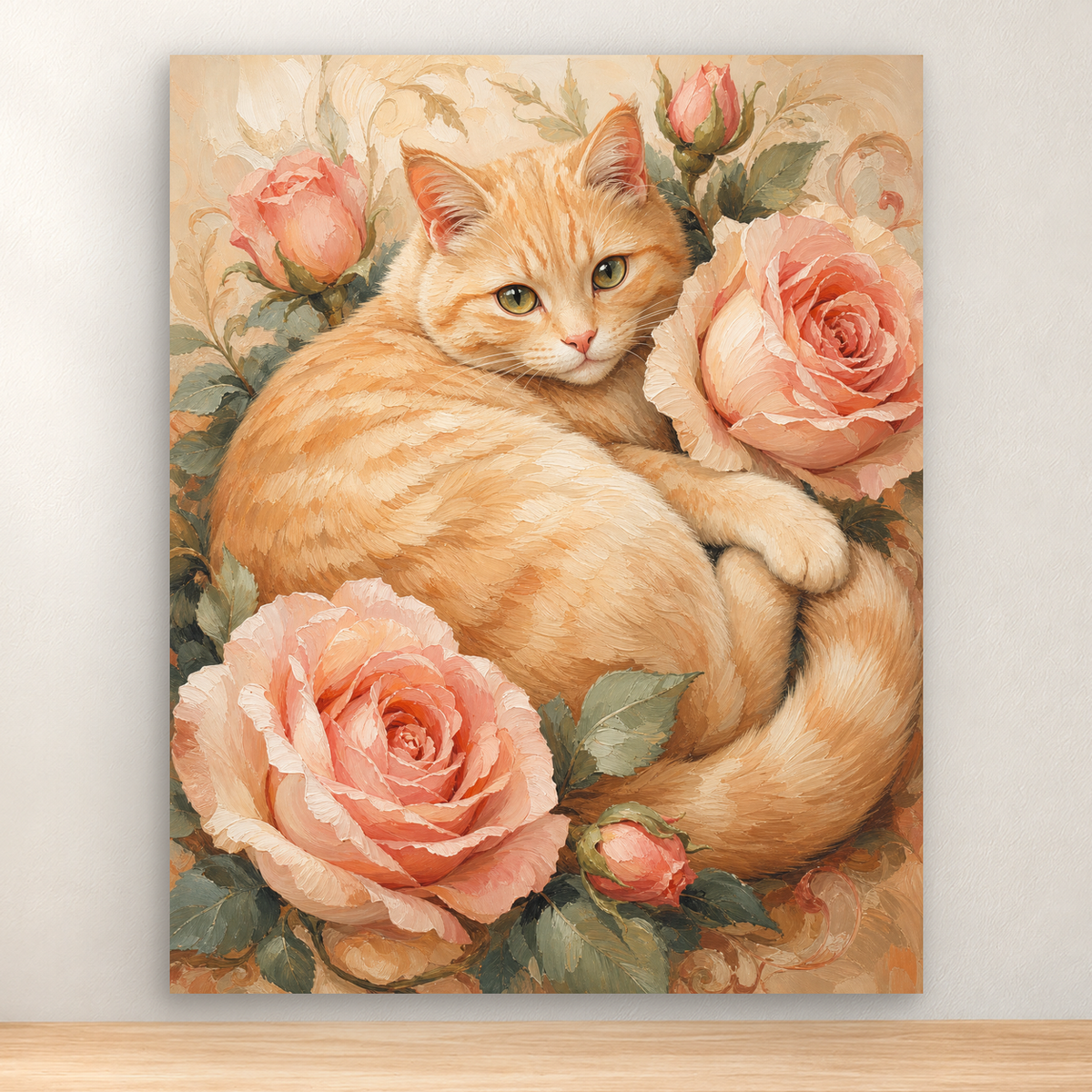 Pale ginger cat curled beside blush roses and sage leaves, 40x50 cm
