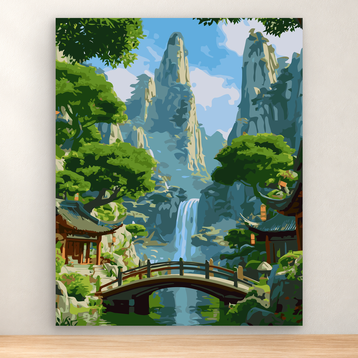 Mountain waterfall valley with an arched bridge, lush forest, and layered cliffs, 40x50 cm