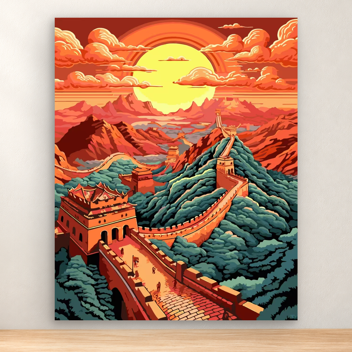 Great Wall of China winding through mountains at sunset, 40x50 cm