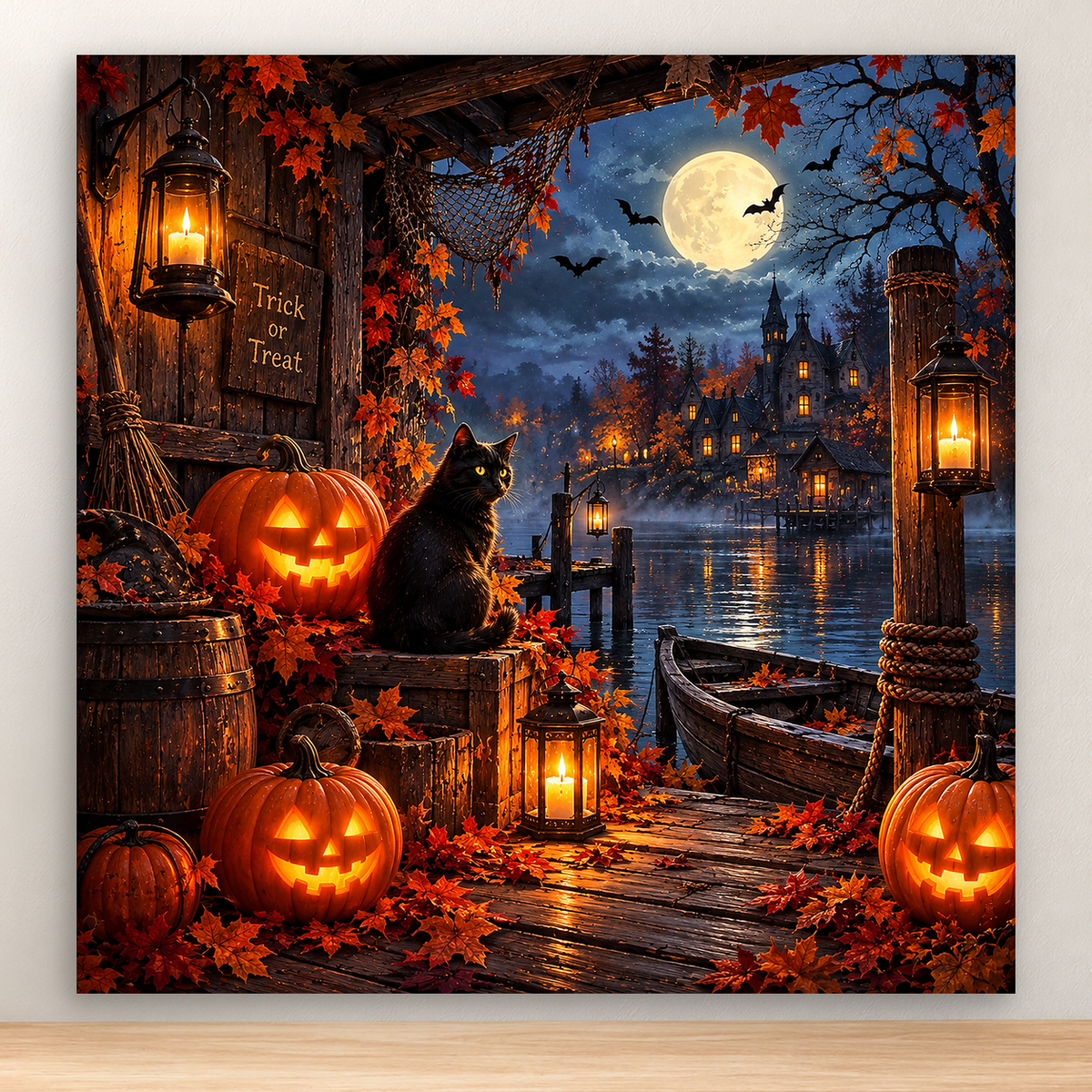 Black cat on a dock beside glowing pumpkins, viewing a moonlit Halloween village, 20x20 cm