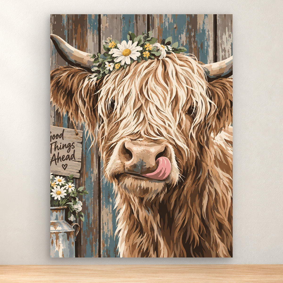 Long-haired Highland cow with daisy crown, tongue out, and “Good Things Ahead” sign, 30x40 cm