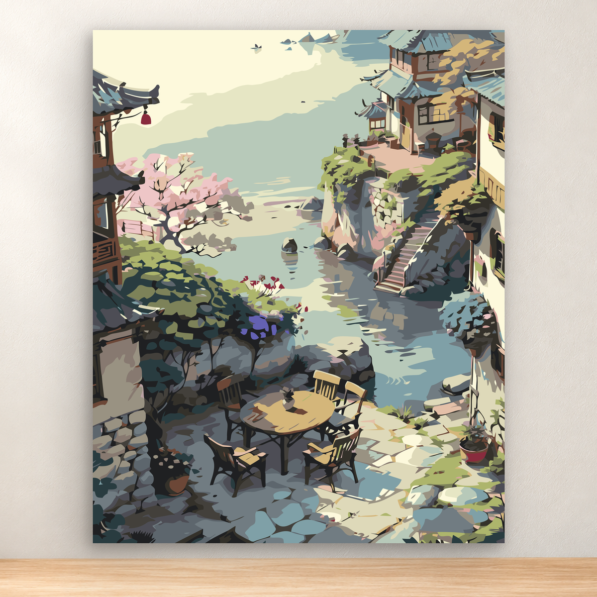Graphic alpine village beside a rocky stream with stone buildings and flowering trees, 40x50 cm