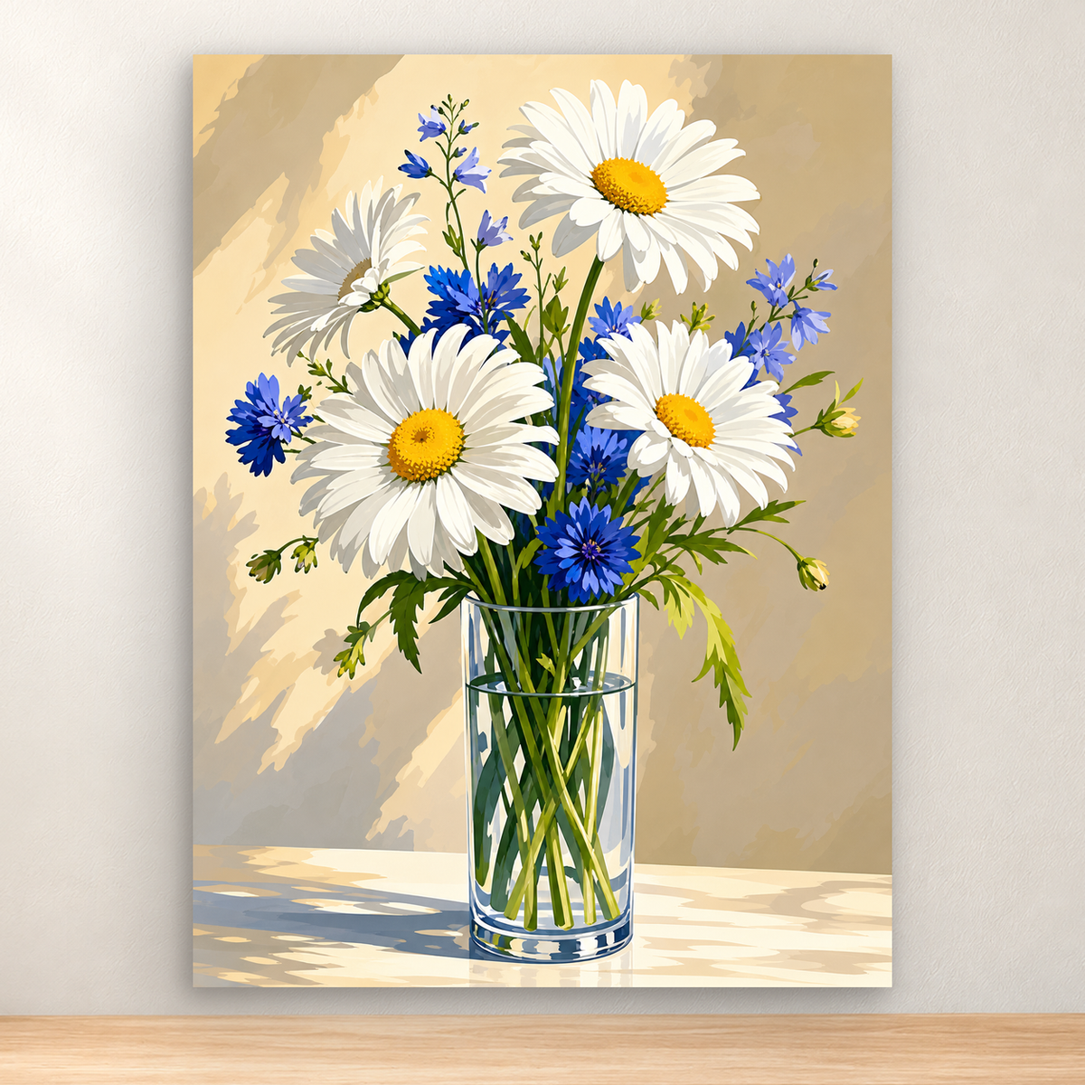 White daisies and blue wildflowers in a tall glass vase, 30x40 cm