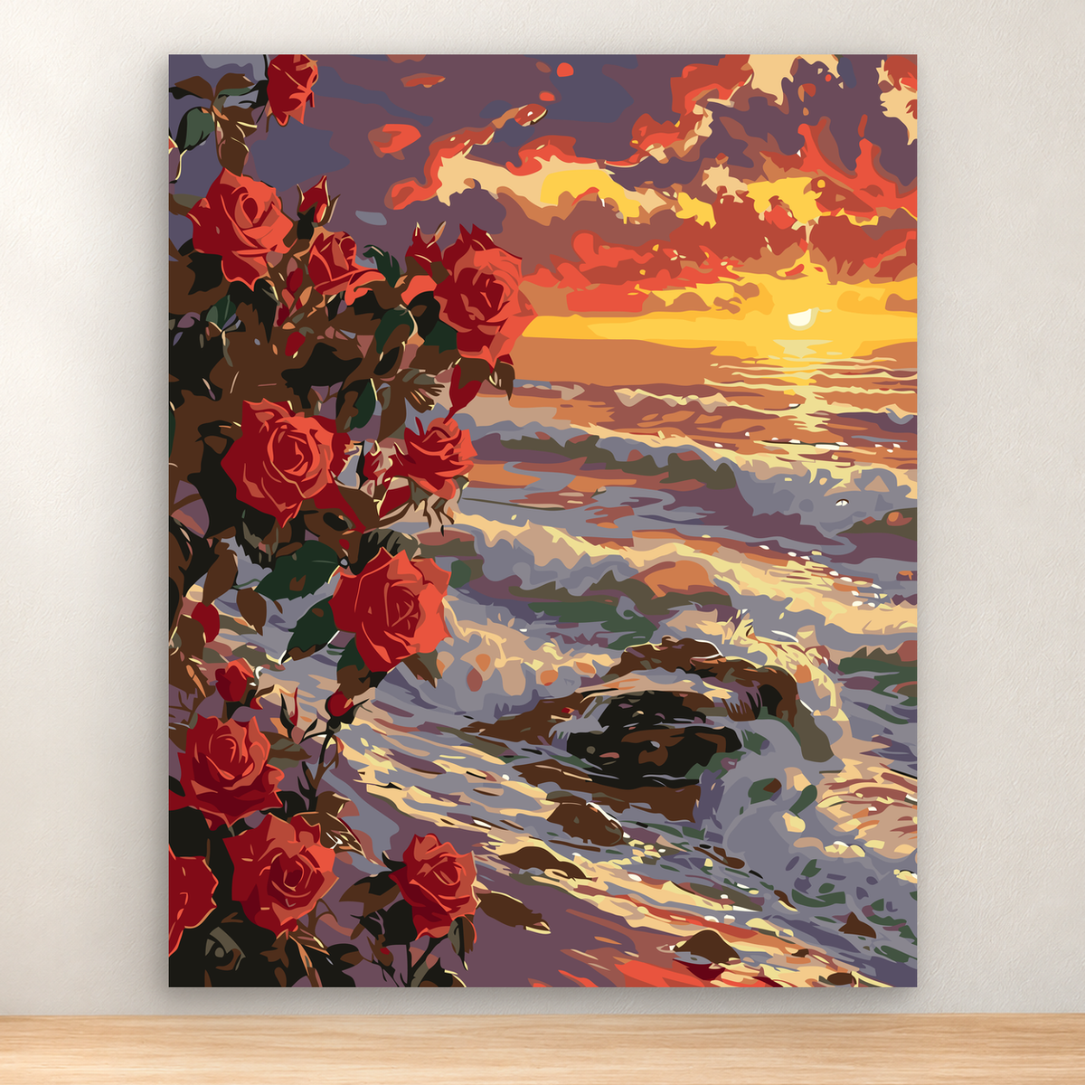 Red roses frame a glowing sunset reflected on water, 40x50 cm