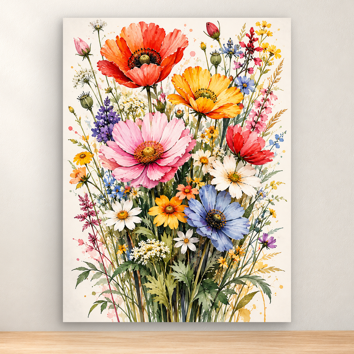 Colorful mixed wildflower bouquet with poppies, cosmos, daisies, and foliage, 30x40 cm
