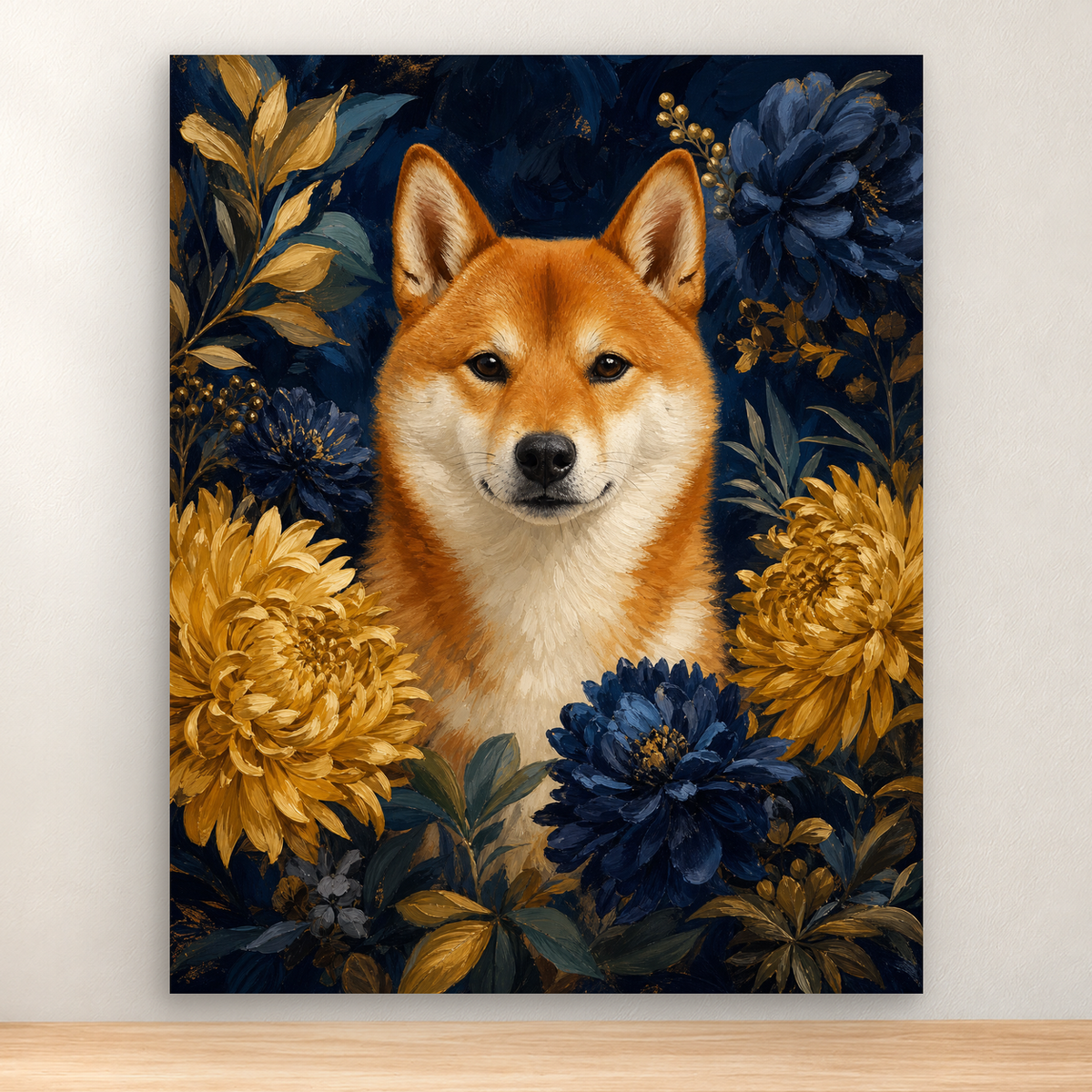 Shiba Inu portrait framed by navy blossoms and golden chrysanthemums, 40x50 cm