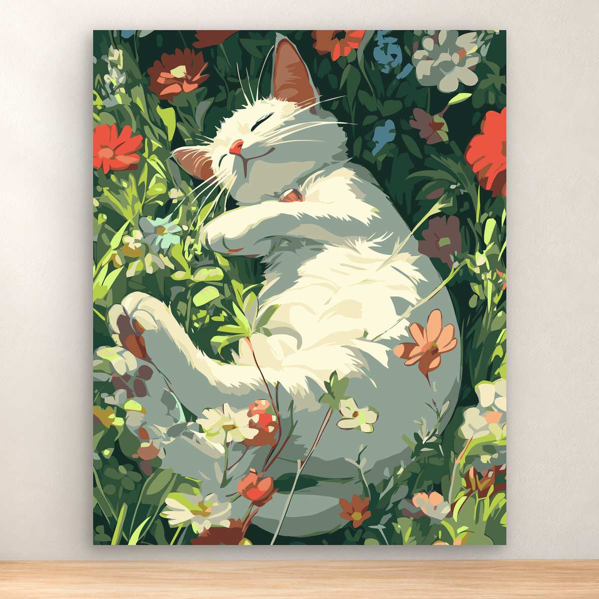 Sleeping gray and cream cat curled among colorful flowers and greenery, 40x50 cm