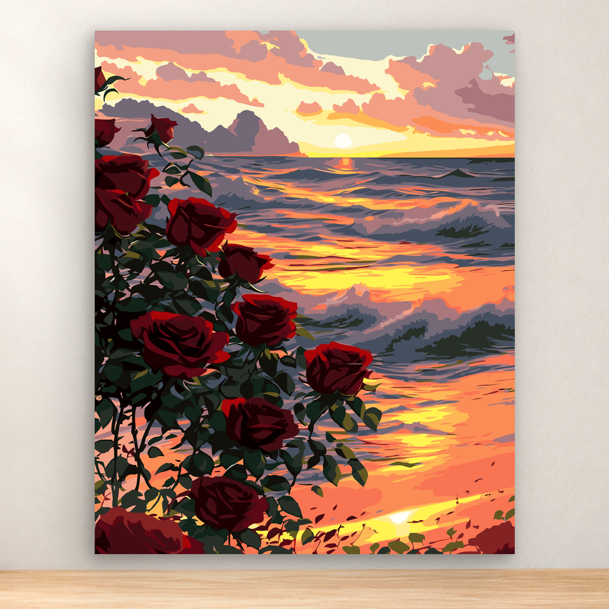 Deep red roses frame a sunset ocean with mountains and reflections, 40x50 cm