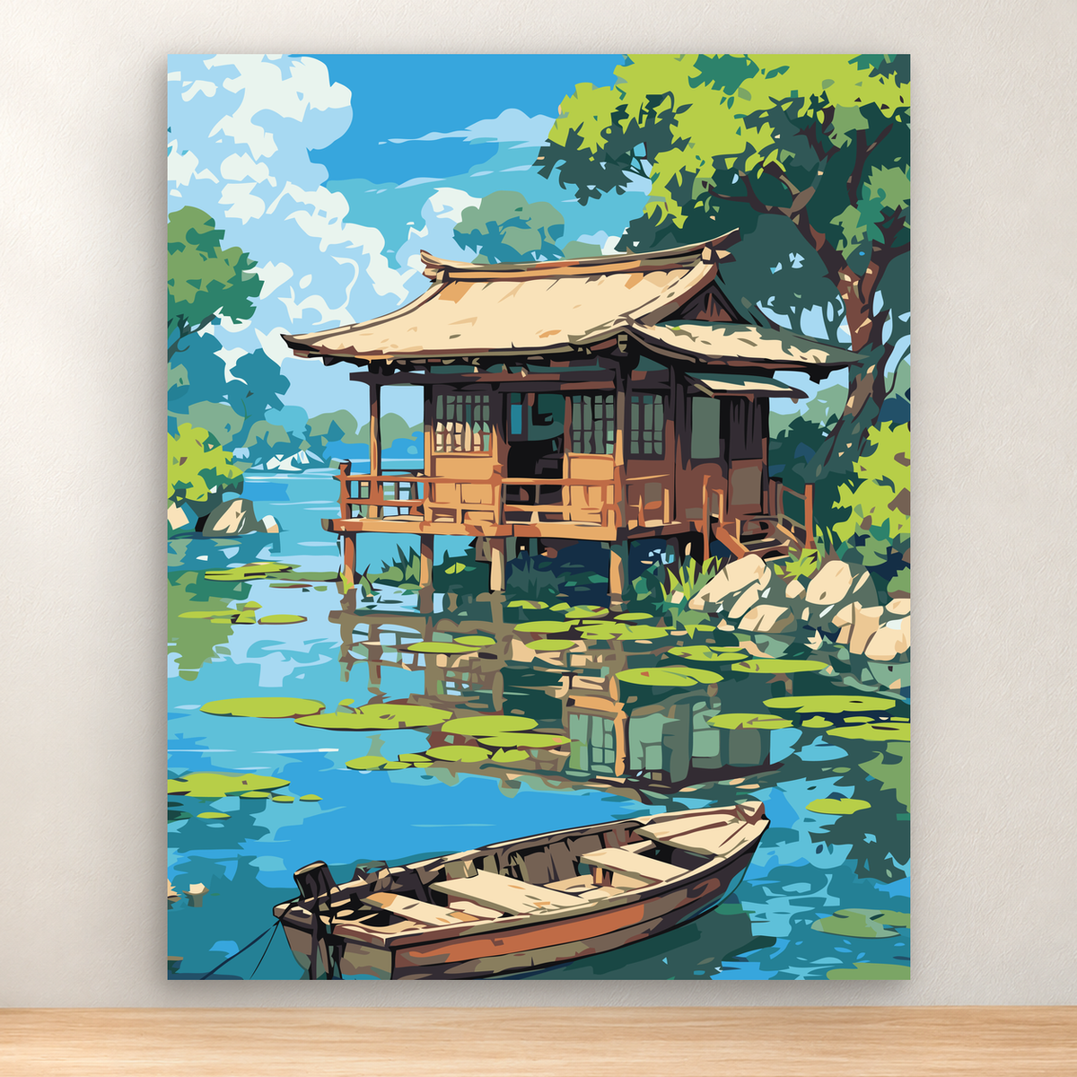 Tropical stilt house beside a lily-covered pond with a foreground boat, 40x50 cm