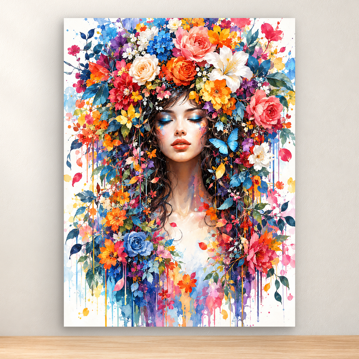 Serene woman with a vibrant floral crown and blue butterfly, botanical portrait, 30x40 cm
