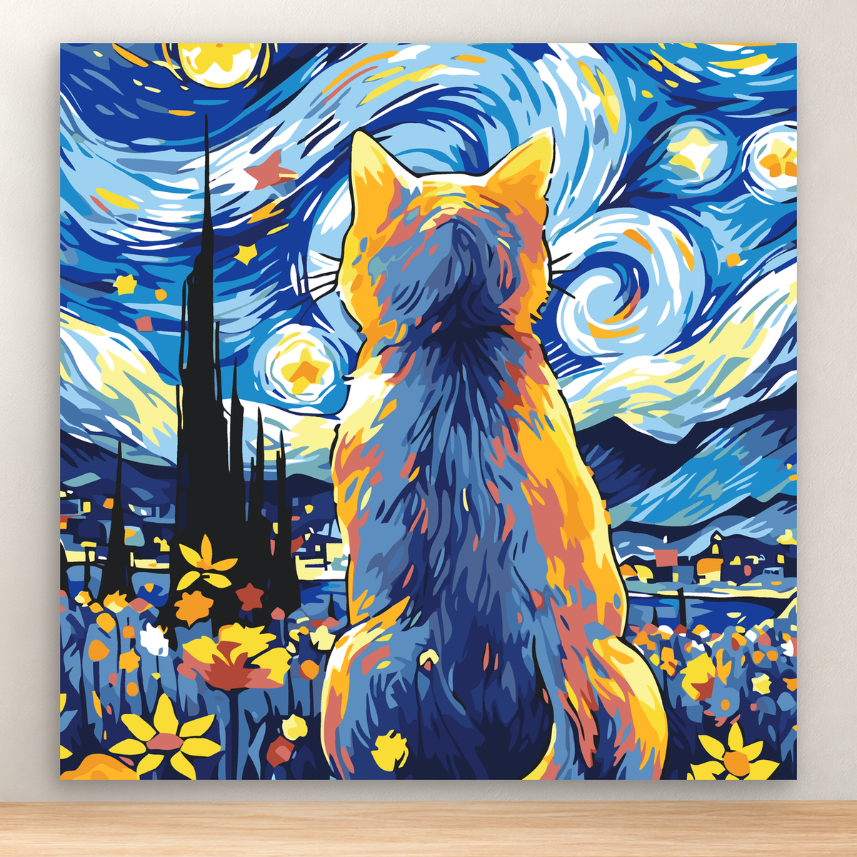 Seated cat gazing at a colorful celestial sky above a city, 20x20 cm