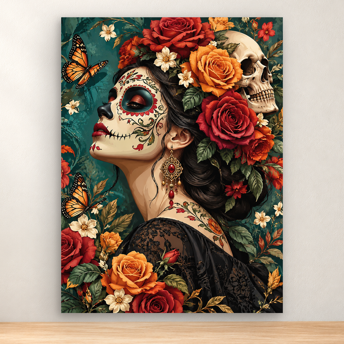 Woman with sugar-skull face paint, roses and butterflies on a deep teal background, 30x40 cm.