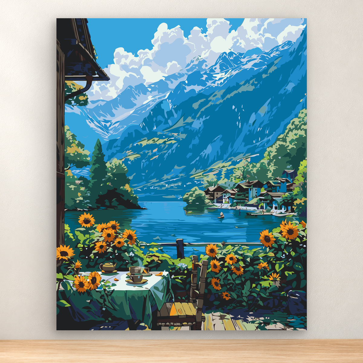 Alpine lake village with snowy peaks, sunflowers, picnic setting, and rustic fence, 40x50 cm