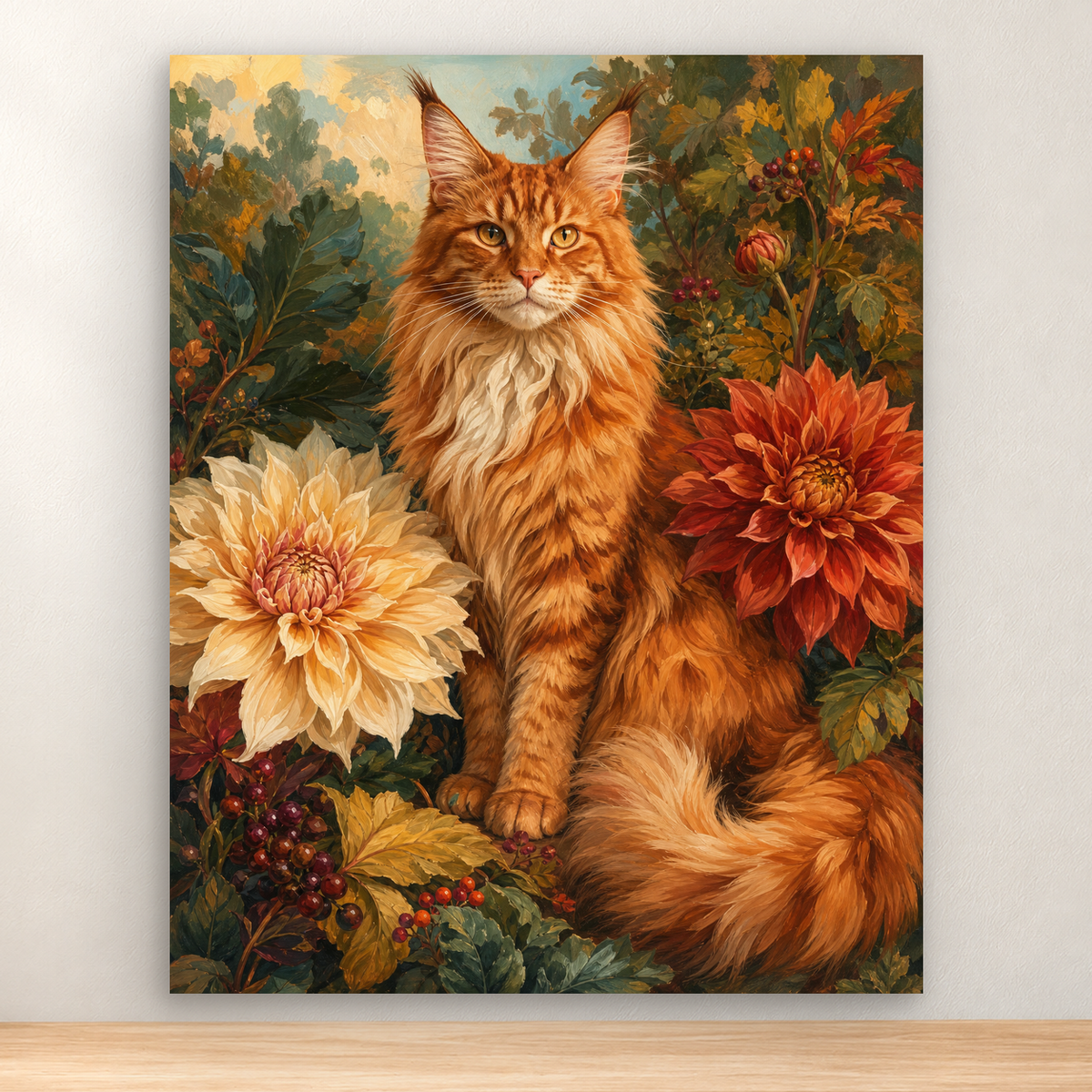 Rust-orange Maine Coon seated beside oversized dahlias in a garden scene, 40x50 cm