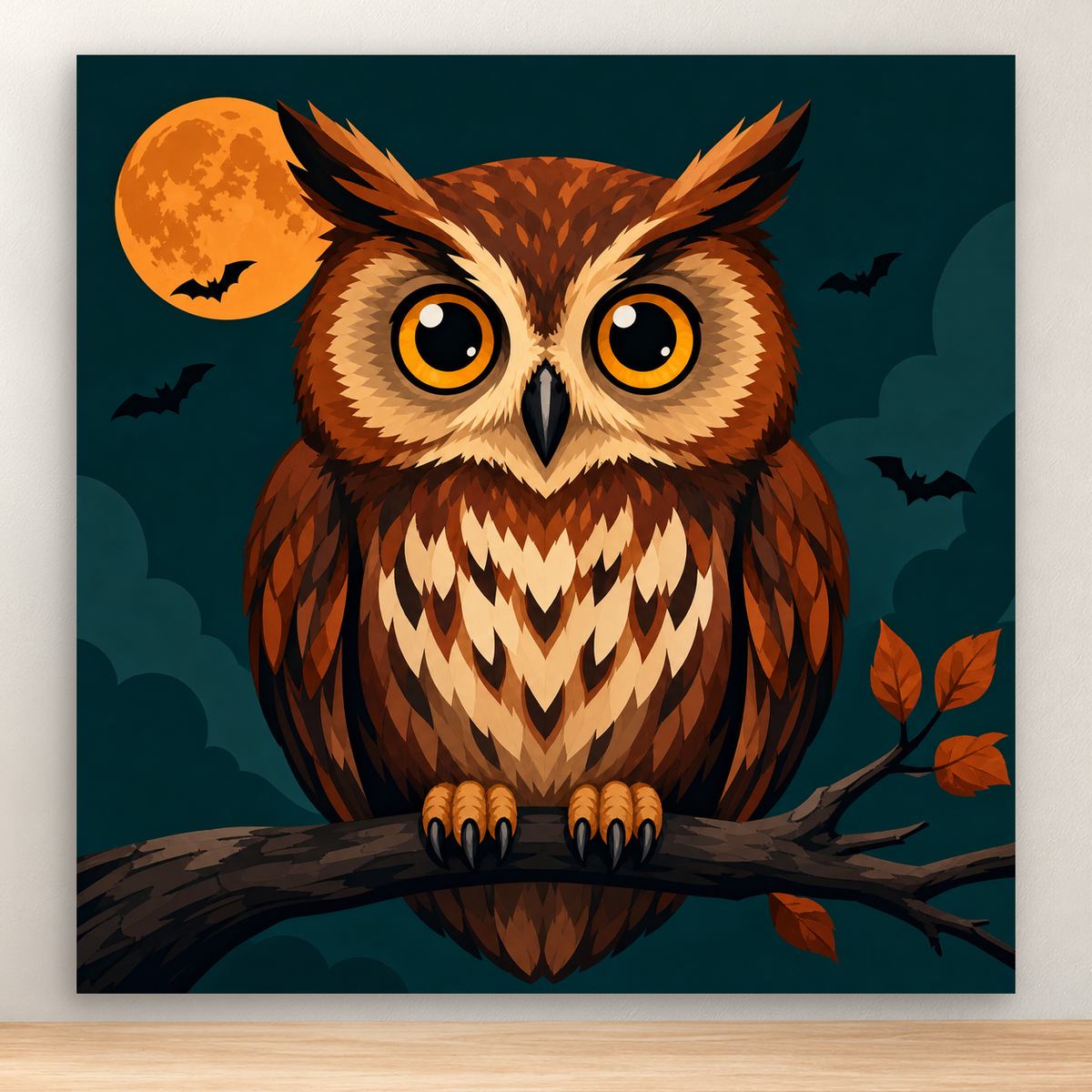 Wide-eyed Halloween owl on a branch against a dark teal background, 20x20 cm