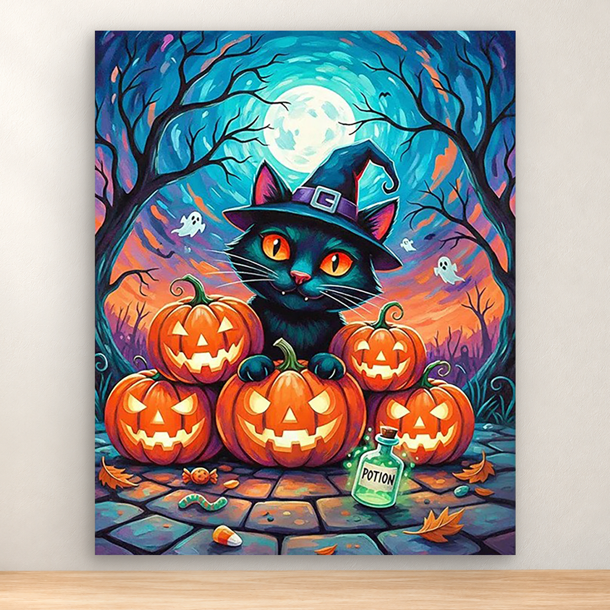 Black cat in a witch hat among pumpkins, ghosts, and a full moon, 40x50 cm