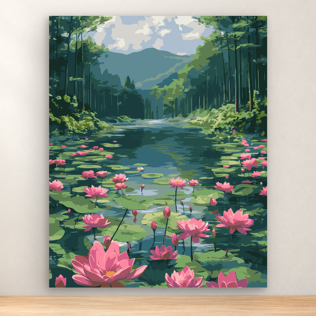 Pink water lilies and lily pads on a forest pond with distant blue hills, 40x50 cm