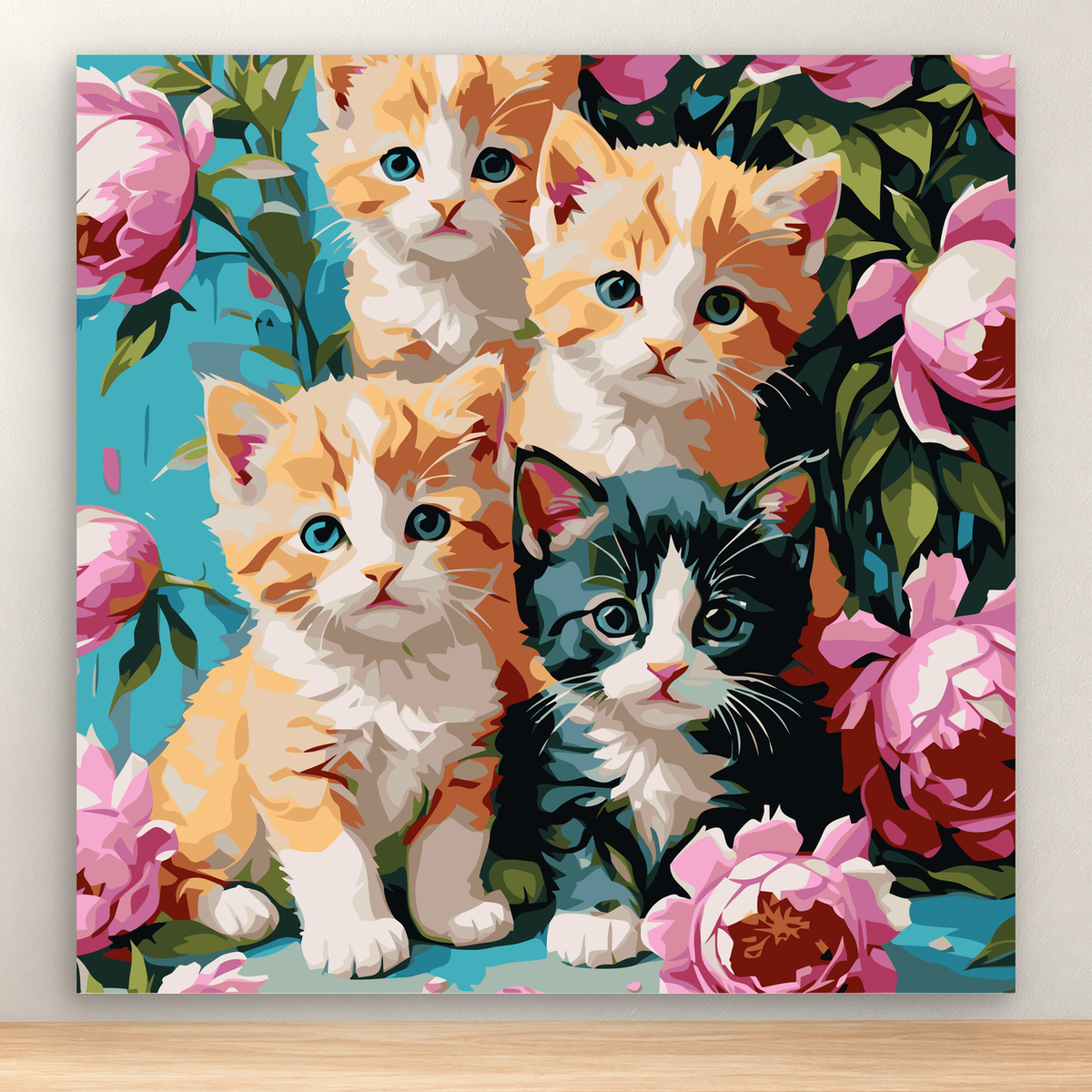 Four kittens surrounded by pink flowers on a turquoise background, 20x20 cm