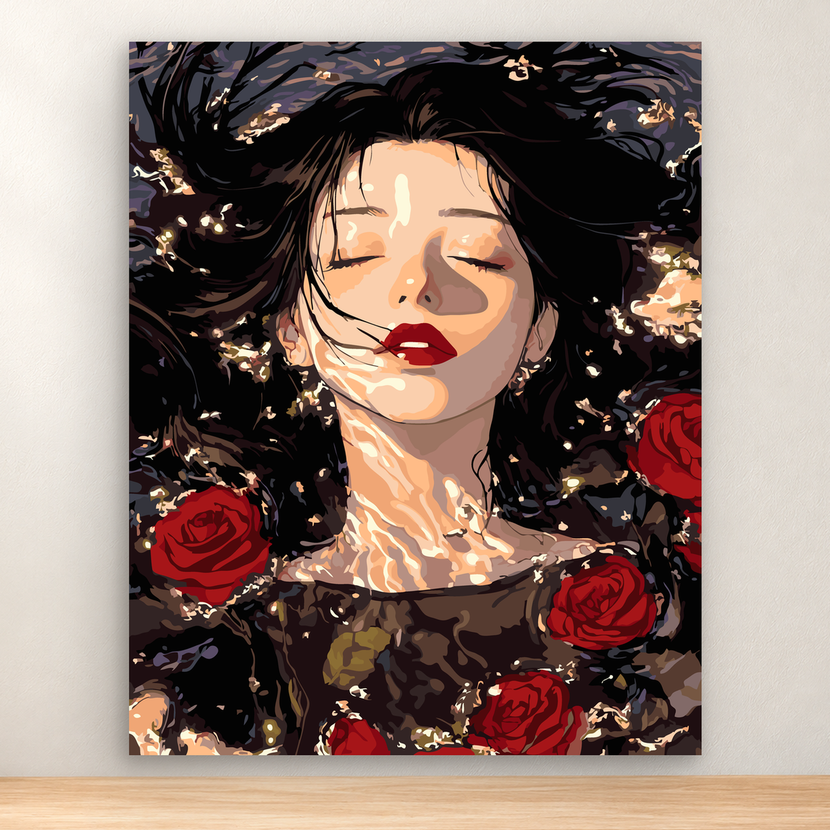 Serene woman with closed eyes and red lips among crimson roses, 40x50 cm