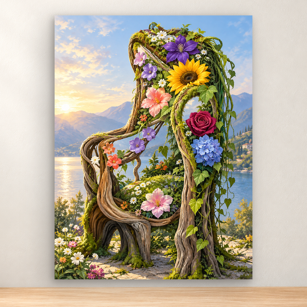 Flower-covered tree arch beside a sunrise mountain lake, 30x40 cm
