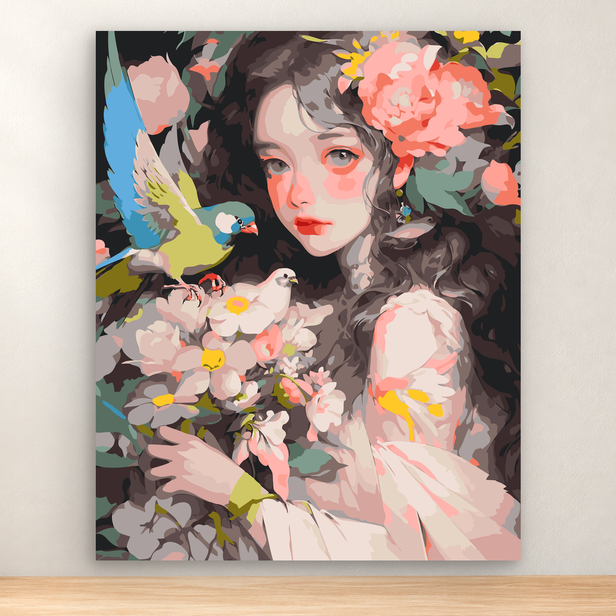 Stylized woman surrounded by pastel flowers and colorful birds, botanical bird portrait, 40x50 cm