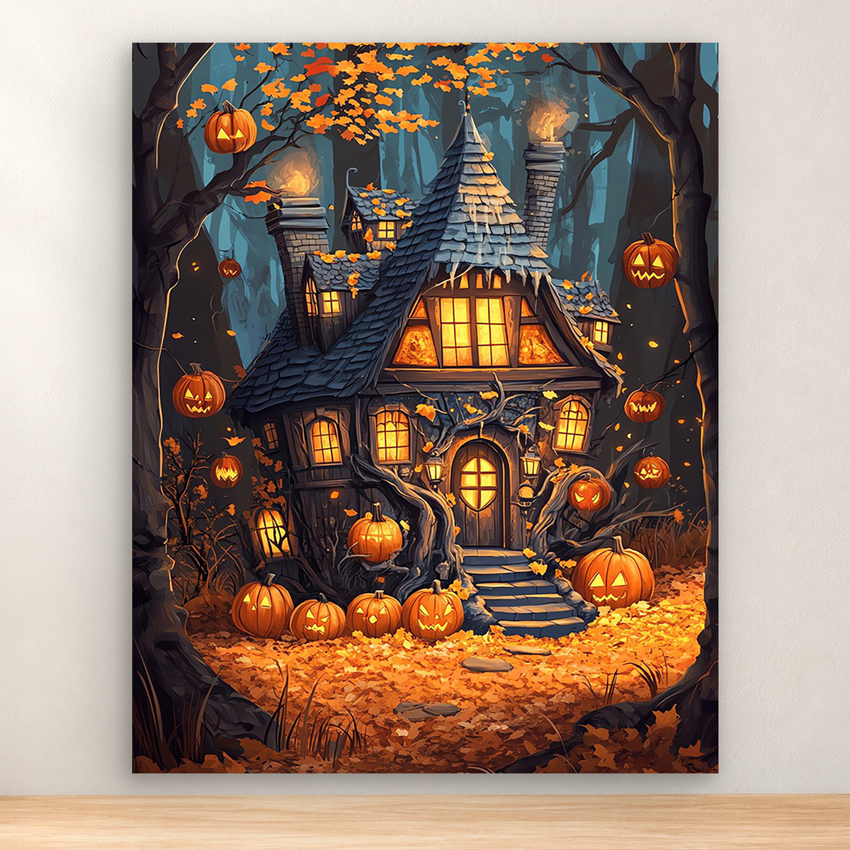 Glowing haunted cottage with jack-o'-lanterns in a dark autumn forest, 40x50 cm