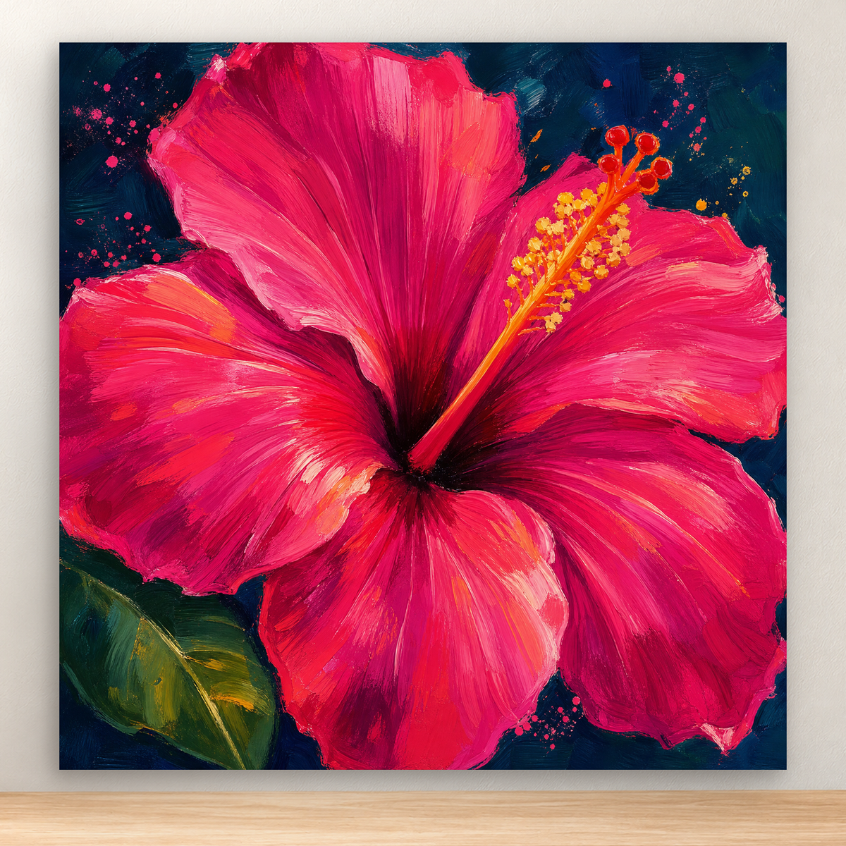 Oversized fuchsia hibiscus in full bloom with a golden center on a deep background, 20x20 cm