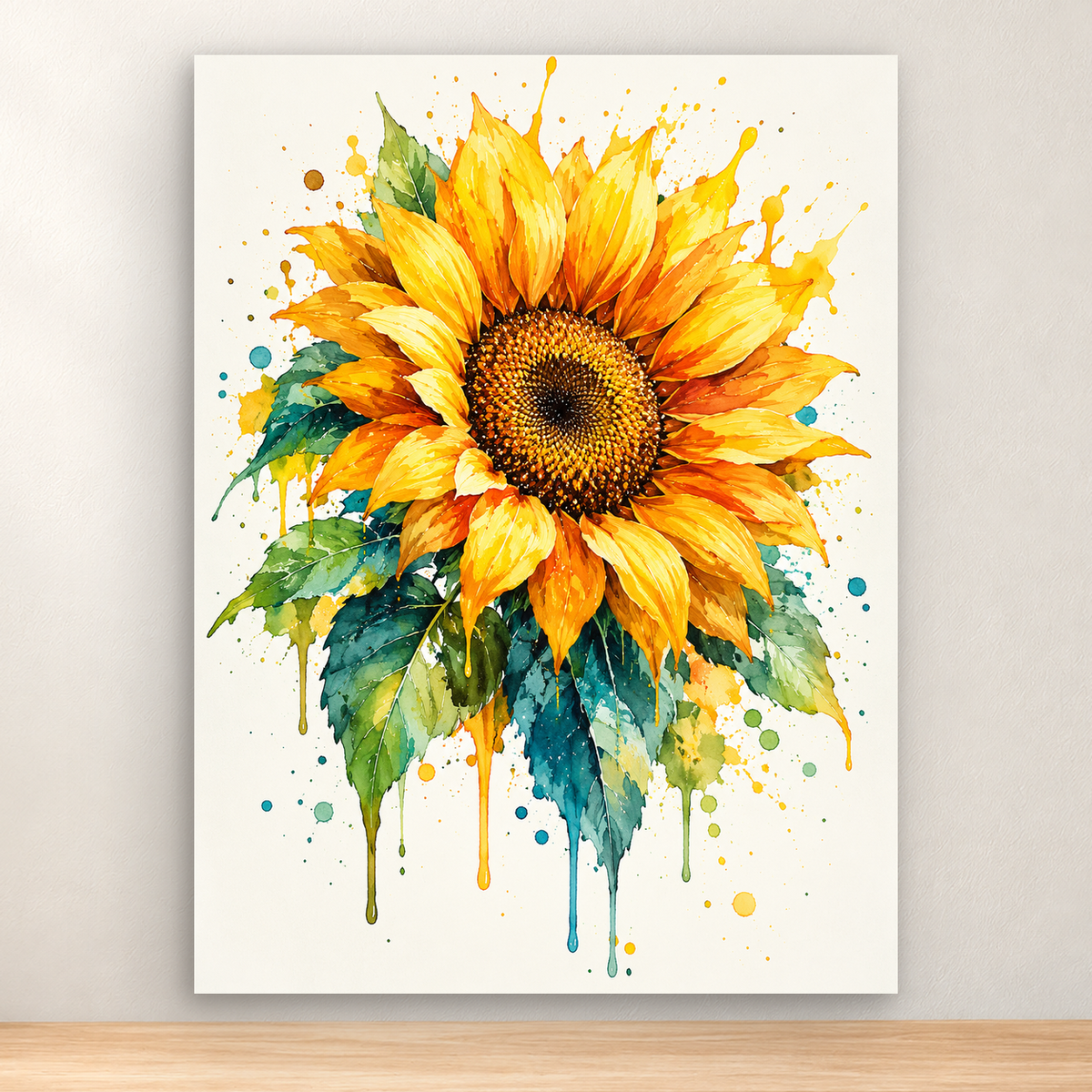 Large golden watercolor sunflower with green leaves and colorful splashes, 30x40 cm