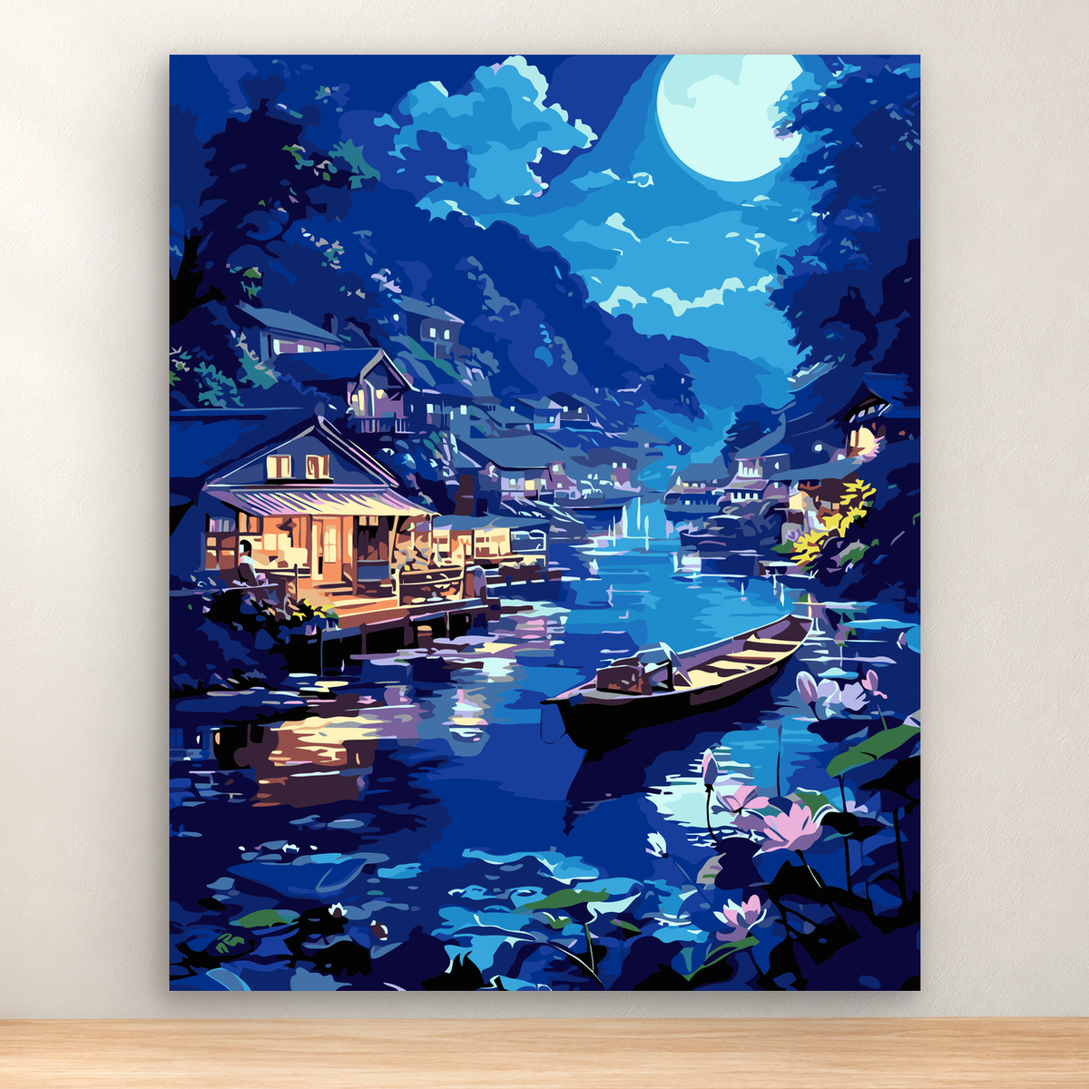 Moonlit riverside village with boats, reflections, homes, and water lilies, 40x50 cm