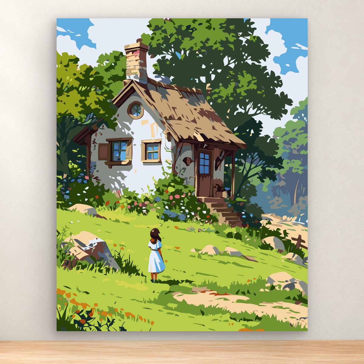 Rustic woodland cottage among leafy trees, flowers, and a meadow figure, 40x50 cm.
