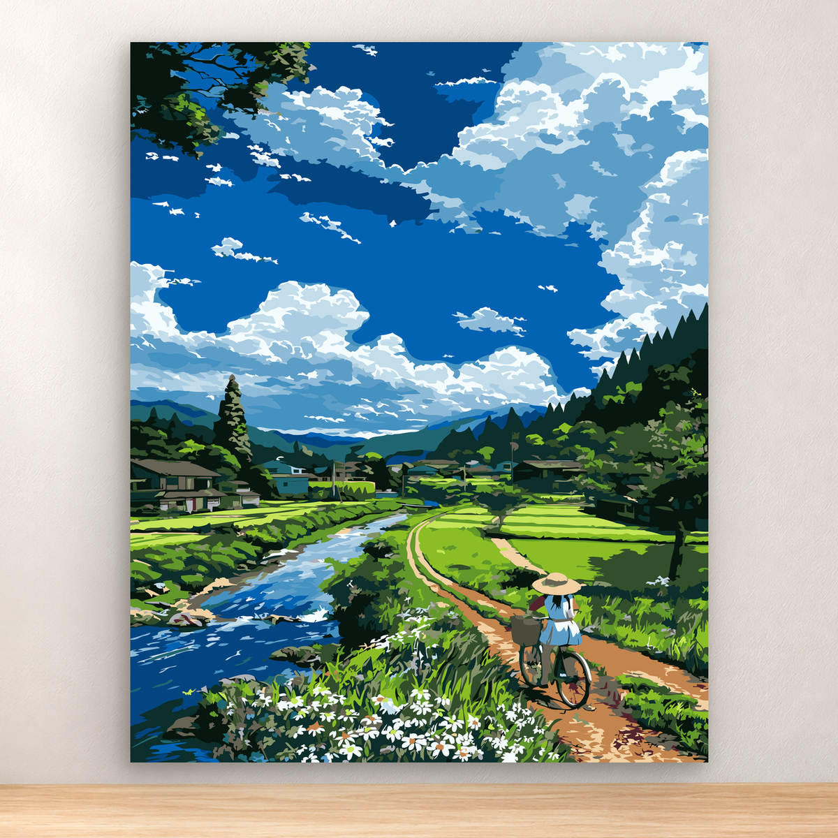 Cyclist on a country path through a green mountain valley with stream and clouds, 40x50 cm.
