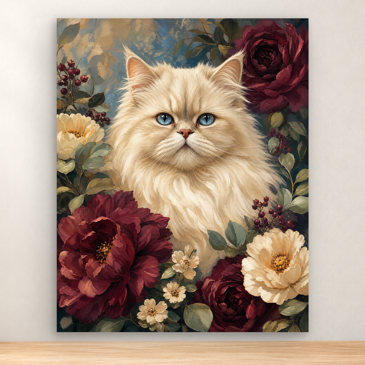 Cream Persian cat with blue eyes among burgundy roses and sage foliage, 40x50 cm