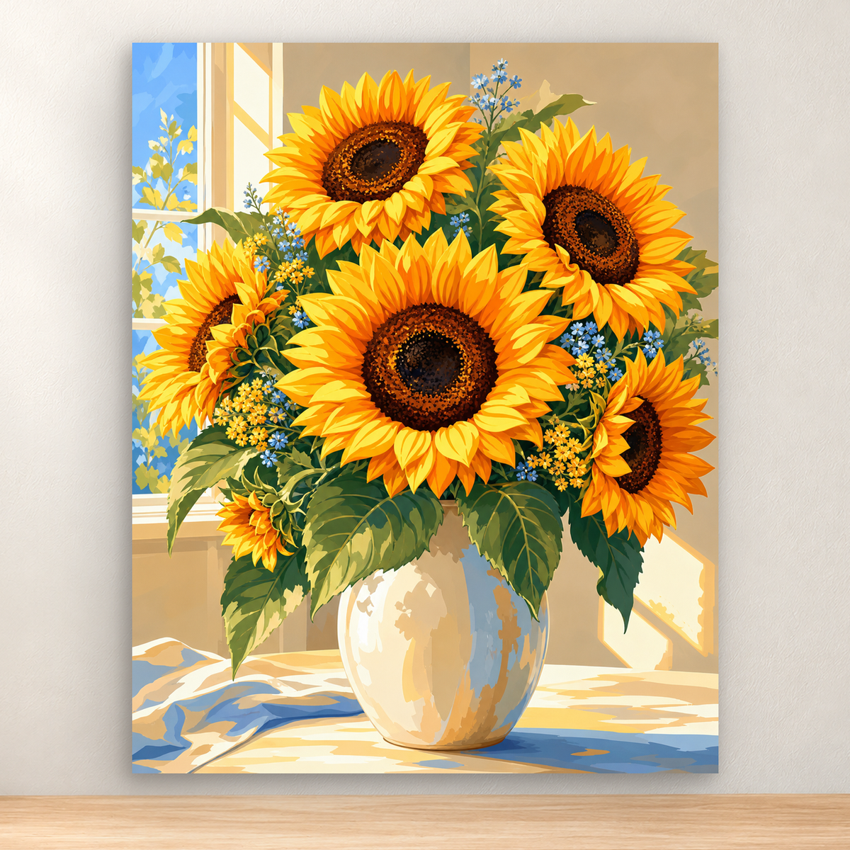 Fully bloomed orange-yellow sunflower bouquet in a warm white vase, 40x50 cm