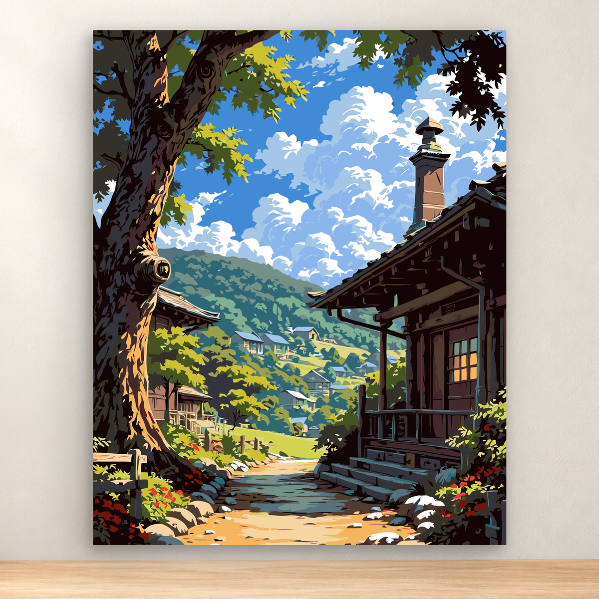 Rustic mountain village along a sunlit forest path with hills and blue sky, 40x50 cm