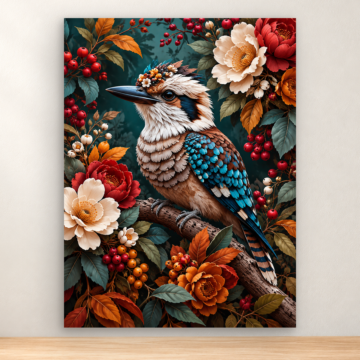 Blue-winged crested bird perched among flowers and berries, 30x40 cm