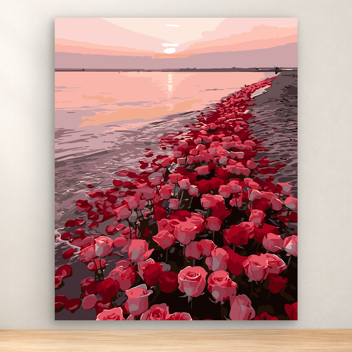 Dense red and pink roses along a calm coast at sunset, 40x50 cm
