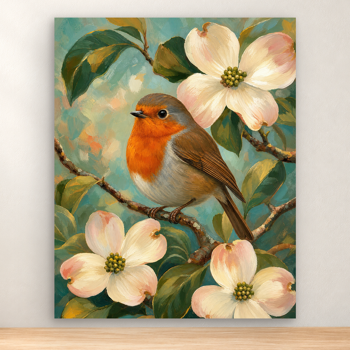 European robin among dogwood blossoms and green leaves, 40x50 cm