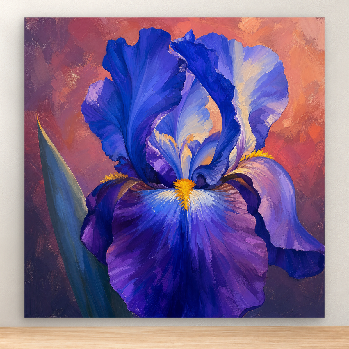 Oversized cobalt and violet iris in three-quarter bloom, 20x20 cm