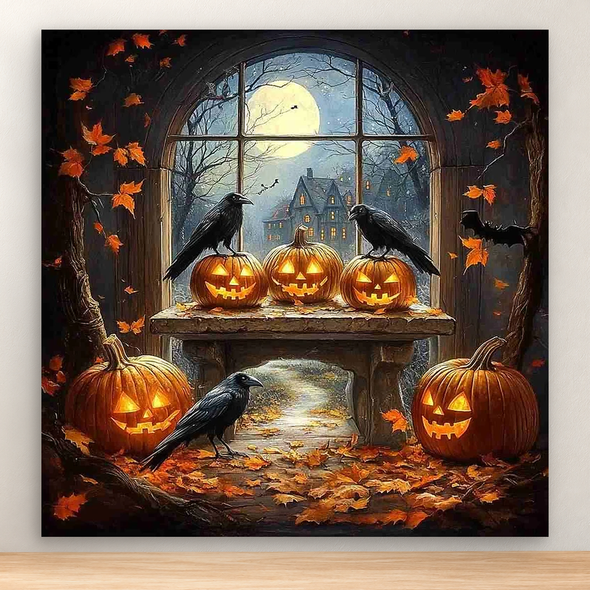 Moonlit autumn scene with ravens, glowing jack-o'-lanterns, and a haunted house, 20x20 cm