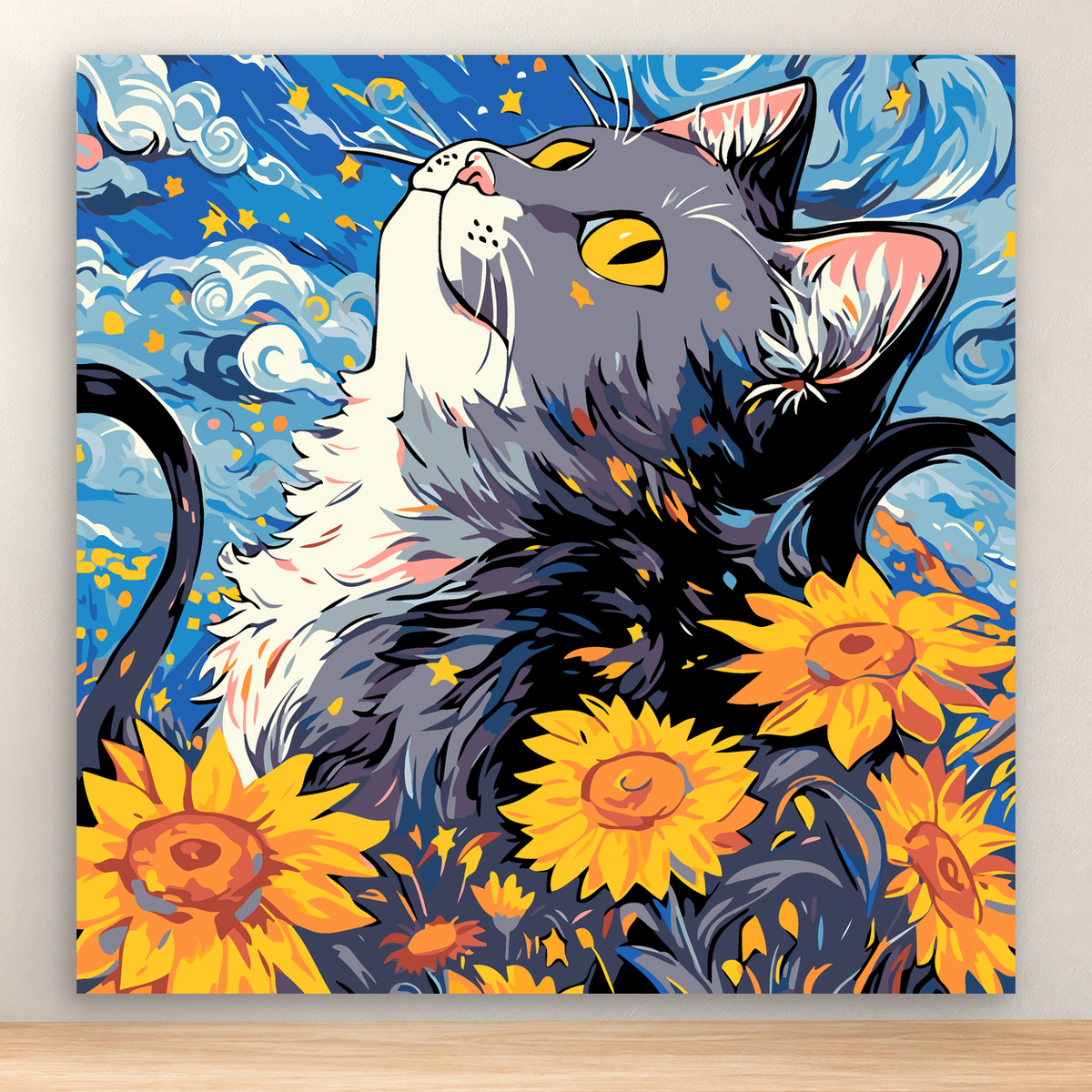 Fluffy gray cat with golden eyes among blue stars and sunflowers, 20x20 cm