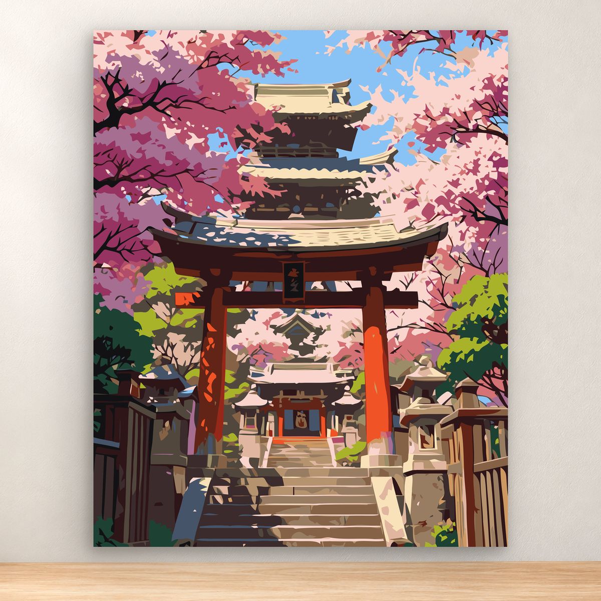 Red torii gate and stone steps lead to a Japanese shrine amid pink cherry blossoms, 40x50 cm