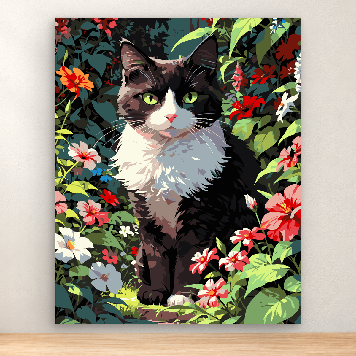 Long-haired black-and-white cat among tropical flowers and foliage, 40x50 cm
